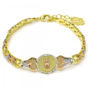 Gold Filled ID Bracelet Guadalupe and Flower Design Diamond Cutting Finish Tri Tone