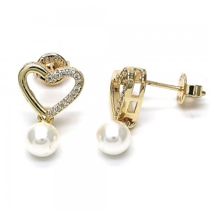 Gold Filled Dangle Earrings Heart and Ball Design With Ivory Pearl and White Cubic Zirconia Polished Finish Golden Tone