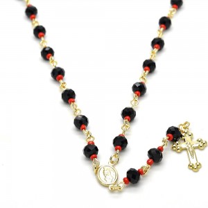 Gold Filled 18" Medium Rosary Guadalupe and Crucifix Design with Black and Orange Red Azavache Polished Golden Tone