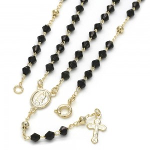 Gold Filled Thin Rosary Guadalupe and Crucifix Design With Black Azavache Polished Finish Golden Tone