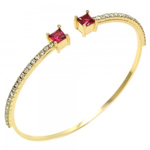 Gold Filled Individual Bangle with Garnet Cubic Zirconia and White Crystal Polished Golden Tone (02 MM Thickness, One size fits all)