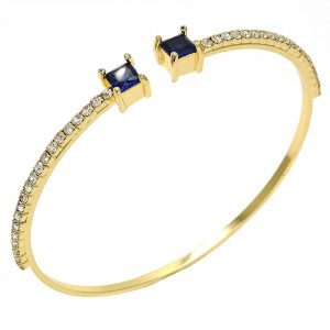 Gold Filled Individual Bangle with Sapphire Blue Cubic Zirconia and White Crystal Polished Golden Tone (02 MM Thickness, One size fits all)