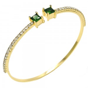 Gold Filled Individual Bangle with Green Cubic Zirconia and White Crystal Polished Golden Tone (02 MM Thickness, One size fits all)
