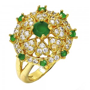 Gold Finish Multi Stone Ring Heart Design with Green and White Cubic Zirconia Polished Golden Tone