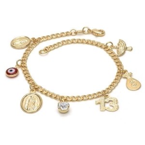 Gold Filled Charm Bracelet Guadalupe and Greek Eye Design With White Cubic Zirconia & Red Resin Finish Golden Tone