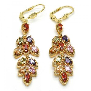 Gold Filled Long Earring Leaf Design Golden Tone With Multicolor Cubic Zirconia