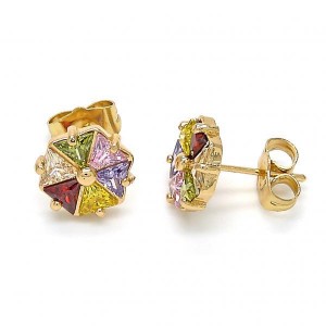 Gold Filled Stud Earring Golden Tone With Multicolor Cubic Zirconia