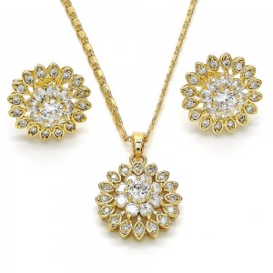 Gold Filled Earring & Pendant Set Flower Design With Clear Cubic Zirconia Polished Finish Golden Tone