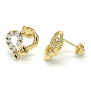 Gold Filled Stud Earrings Heart Design with White Cubic Zirconia Polished Golden Tone