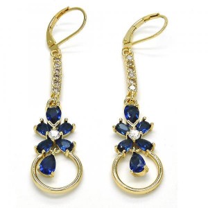 Gold Filled Long Earring Flower and Teardrop Design Golden Tone With Sapphire and Cubic Zirconia
