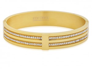 Stainless Steel Gold Tone Ladies Bangle With 2 Rows CZ Stones