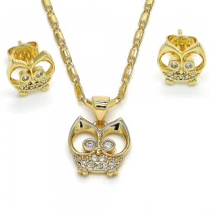 Gold Filled Earring and Pendant Set Owl Design with White Cubic Zirconia Polished Golden Finish