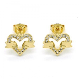 Gold Filled Golden Tone Stud Earring Heart Design With Micro Pave