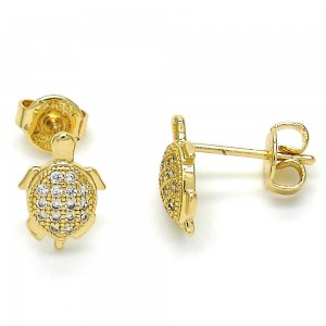 Gold Filled Stud Earrings Turtle Design with White Micro Pave Polished Golden Tone