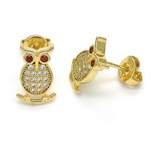Gold Filled Stud Earrings Owl Design with Garnet Cubic Zirconia and White Micro Pave Polished Golden Tone