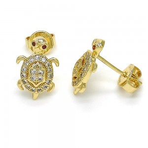 Gold Filled Stud Earrings Turtle Design with Garnet Cubic Zirconia and White Micro Pave Polished Golden Finish