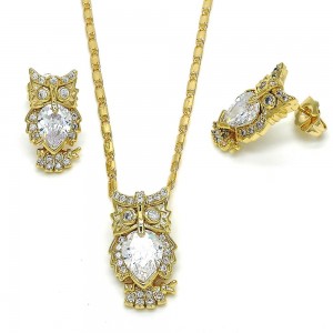 Gold Filled Earring and Pendant Adult Set Owl Design With Cubic Zirconia Golden Tone