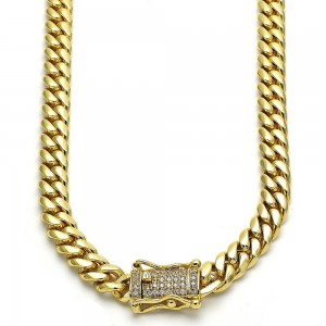 Gold Finish Basic Necklace Miami Cuban Design 30" with White Cubic Zirconia Polished Golden Tone