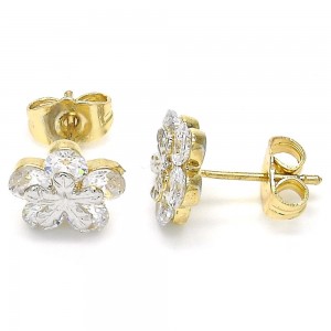 Gold Filled Stud Earrings Flower Design with White Cubic Zirconia Polished Two Tone