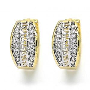 Gold Filled Two Tone Huggie Hoop Greek Key Design With Cubic Zirconia