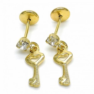 Gold Filled Stud Earring Key Design With Cubic Zirconia Polished Finish Golden Tone