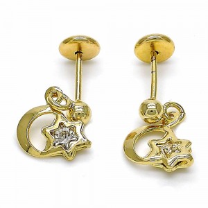 Gold Filled Stud Earring Moon and Star Design With Cubic Zirconia Polished Finish Golden Tone
