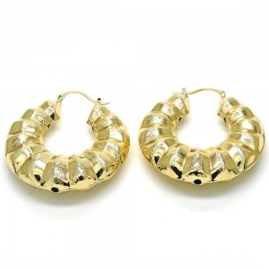 Gold Filled 50mm Large Hoop Earrings Bamboo and Hollow Design Brushed Finish Golden Tone
