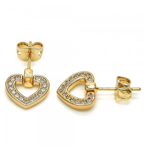Gold Filled Stud Earrings Heart Design with White Micro Pave Polished Golden Tone