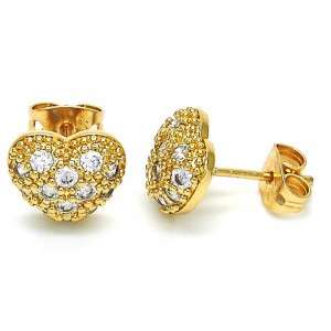 Gold Filled Stud Earrings Heart Design with White Cubic Zirconia Polished Golden Tone