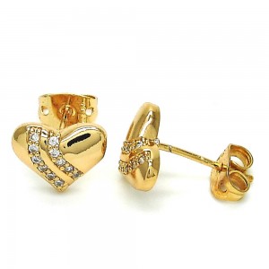 Gold Filled Stud Earring Heart Design with White Micro Pave Polished Golden Tone
