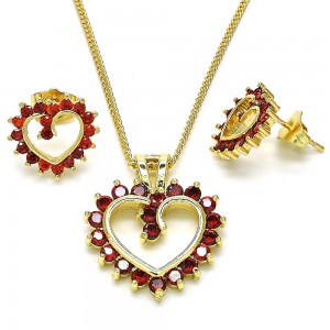 Gold Filled Earring and Pendant Set Heart Design with Garnet Cubic Zirconia Polished Golden Finish
