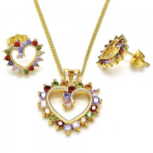 Gold Filled Earring and Pendant Set Heart Design With Multicolor Cubic Zirconia Polished Finish Golden Tone