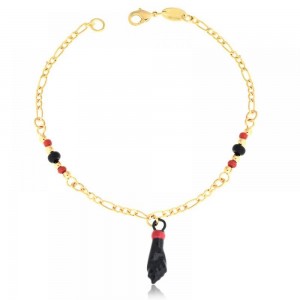 Gold Filled Baby Charm Bracelet Hand and Figaro Design With Black and Orange Red Azavache Multicolor Polished Finish Golden Tone