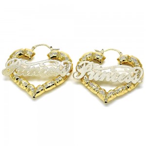 Gold Filled Large Hoop Heart-shaped Princess Nameplate and Bamboo Design Polished Golden Finish 50MM
