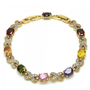 Gold Filled Tennis Bracelet Cat Design With Multicolor Cubic Zirconia Polished Finish Golden Tone