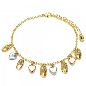 Gold Filled 10" Charm Anklet Heart Design With White Crystal Polished Finish Tri Tone