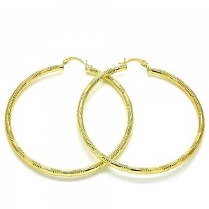 Gold Finish Large Hoop 2x60mm Diamond Cutting Finish Golden Tone