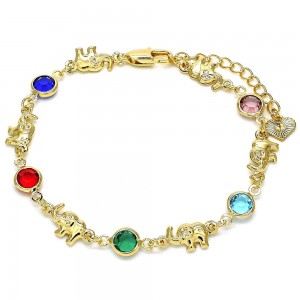 Gold Filled Fancy Bracelet Elephant Design With Multicolor Crystal Polished Finish Golden Tone