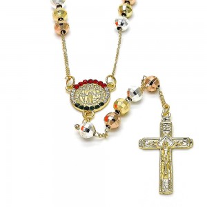 Gold Filled Medium Rosary San Benito and Crucifix Design With Crystal Tri Tone