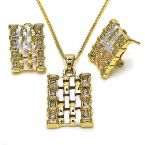 Gold Filled Earring and Pendant Set with White Crystal Polished Tri Tone