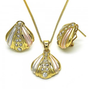 Gold Filled Earring and Pendant Set with White Crystal Polished Tri Tone