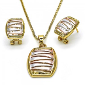 Gold Filled Earring and Pendant Set with White Crystal Polished Tri Tone