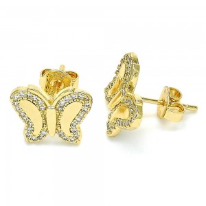 Gold Filled Stud Earrings Butterfly Design With White Micro Pave Polished Finish Golden Tone