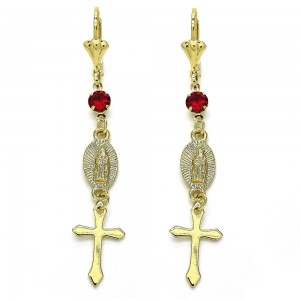 Gold Filled Long Earrings Guadalupe and Cross Design With Crystal Golden Tone
