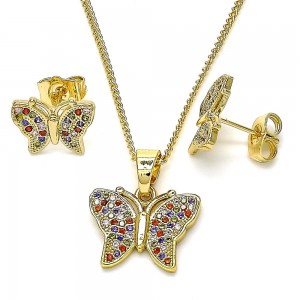Gold Filled Earring and Pendant Set Butterfly Design with Multicolor Micro Pave Polished Golden Finish