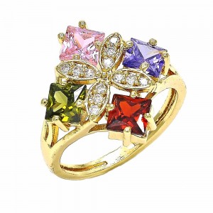 Gold Filled Multi Stone Ring Flower Design With Cubic Zirconia Golden Tone