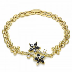 Gold Filled Fancy Bracelet Flower Design with Black and White Cubic Zirconia Polished Golden Finish 6 MM Thickness 7 Inches Length