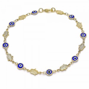 Gold Filled Fancy Anklet Greek Eye and Hand of God Design Blue Resin Finish Golden Tone