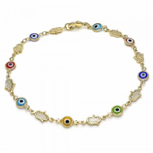 Gold Filled Fancy Anklet Greek Eye and Hand of God Design Multicolor Resin Finish Golden Tone