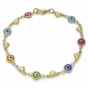 Gold Filled Fancy Bracelet Greek Eye and Heart Design Multicolor Resin Finish Golden Tone